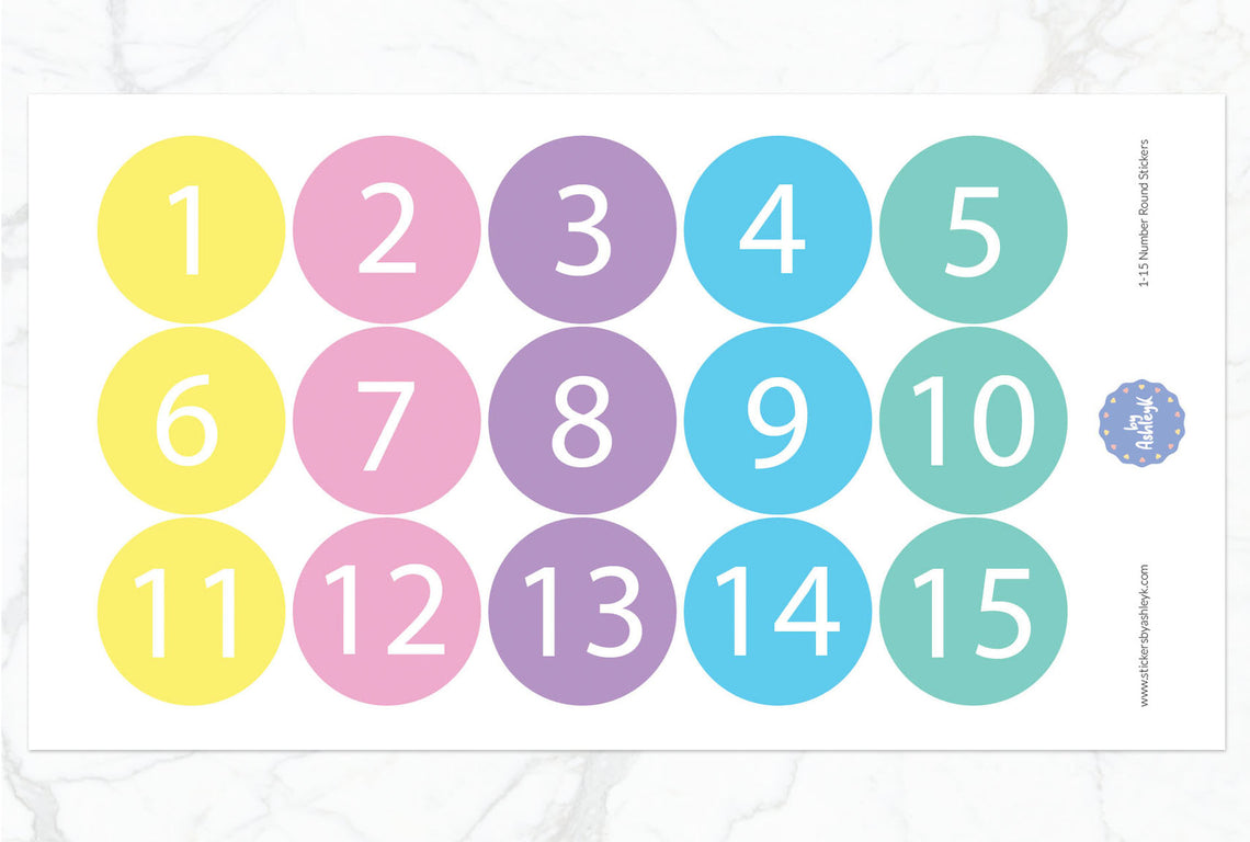 1 — 15 Numbers Round Stickers - Pastel