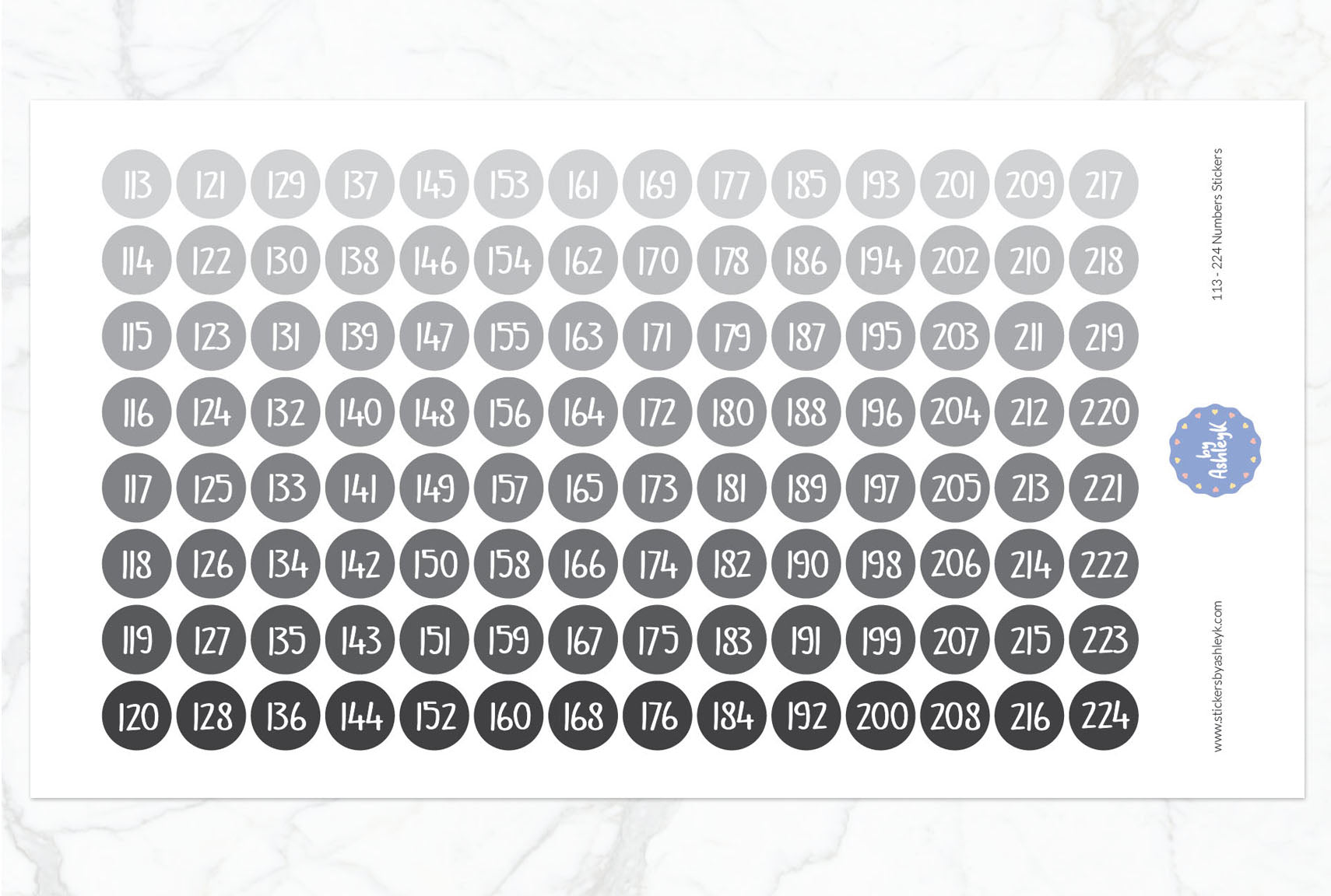 113~224 Numbers Planner Stickers - Monochrome