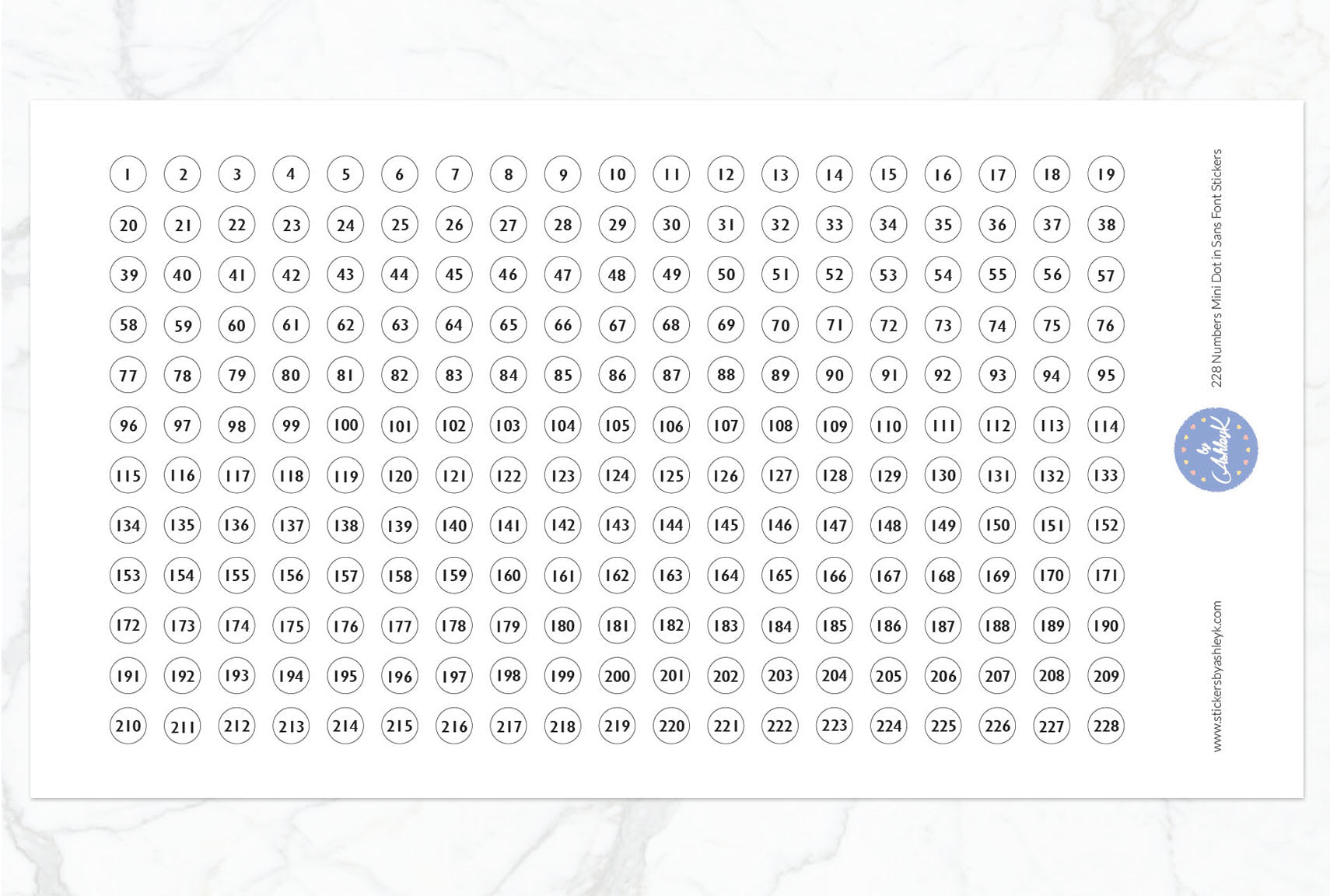 228 Numbers Mini Dot in Sans Font Stickers - White