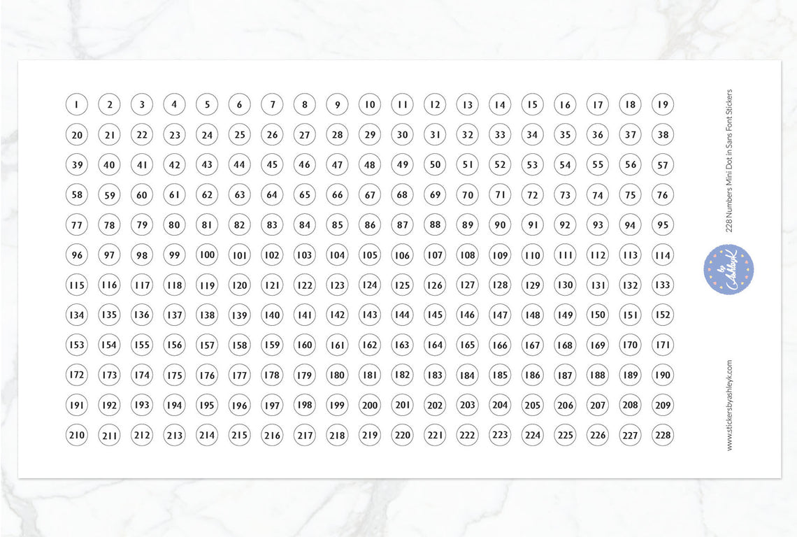 228 Numbers Mini Dot in Sans Font Stickers - White