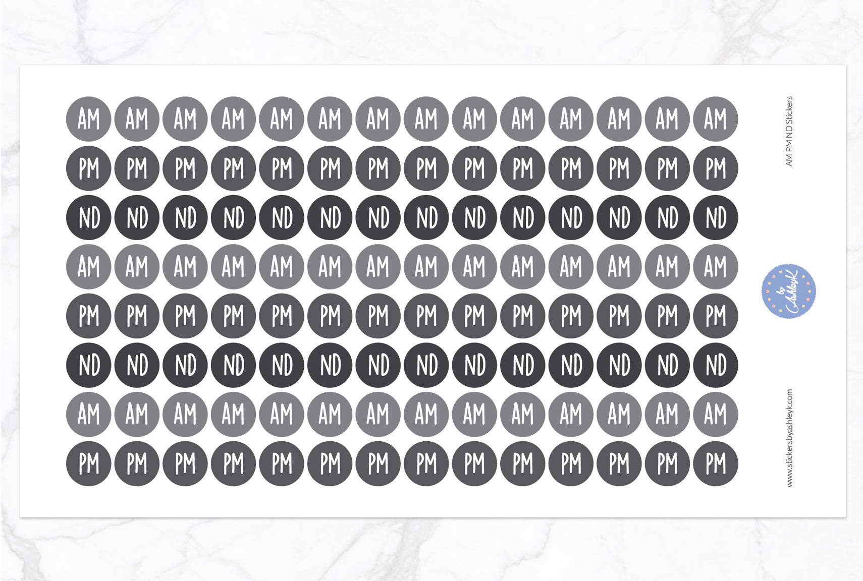 AM PM ND Round Stickers - Monochrome