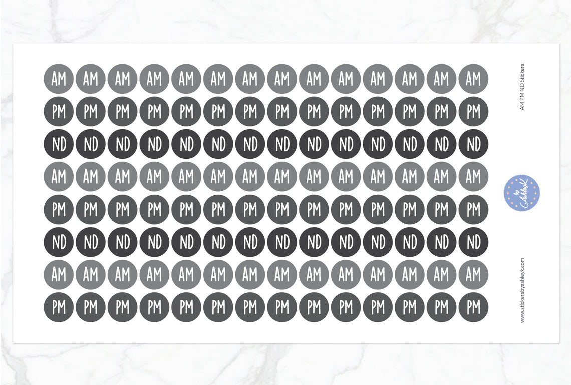 AM PM ND Round Stickers - Monochrome