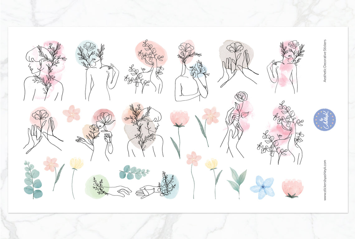 Woman in Bloom Line Art Stickers