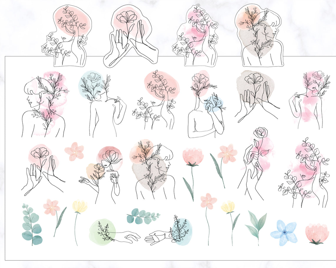 Woman in Bloom Line Art Stickers