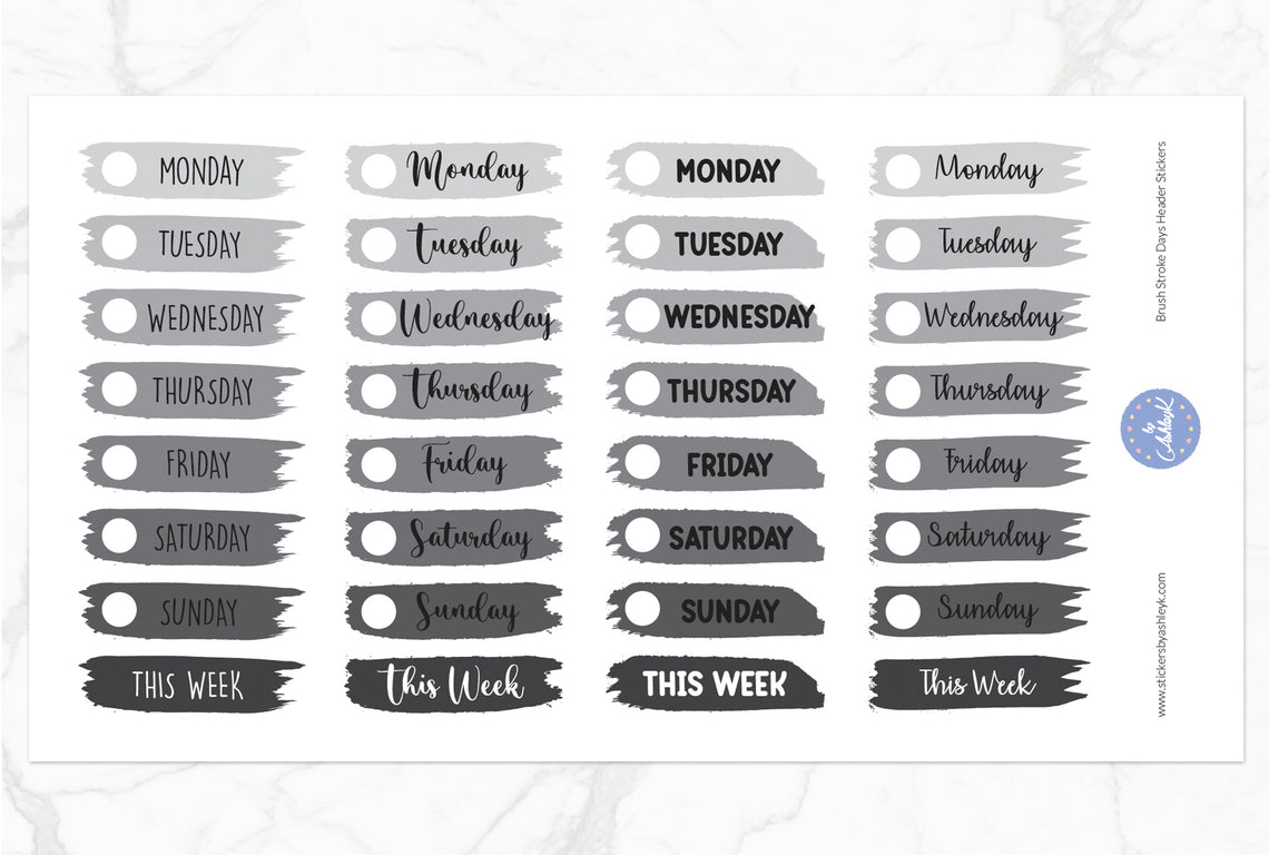 Brush Stroke Days Header Stickers - Monochrome