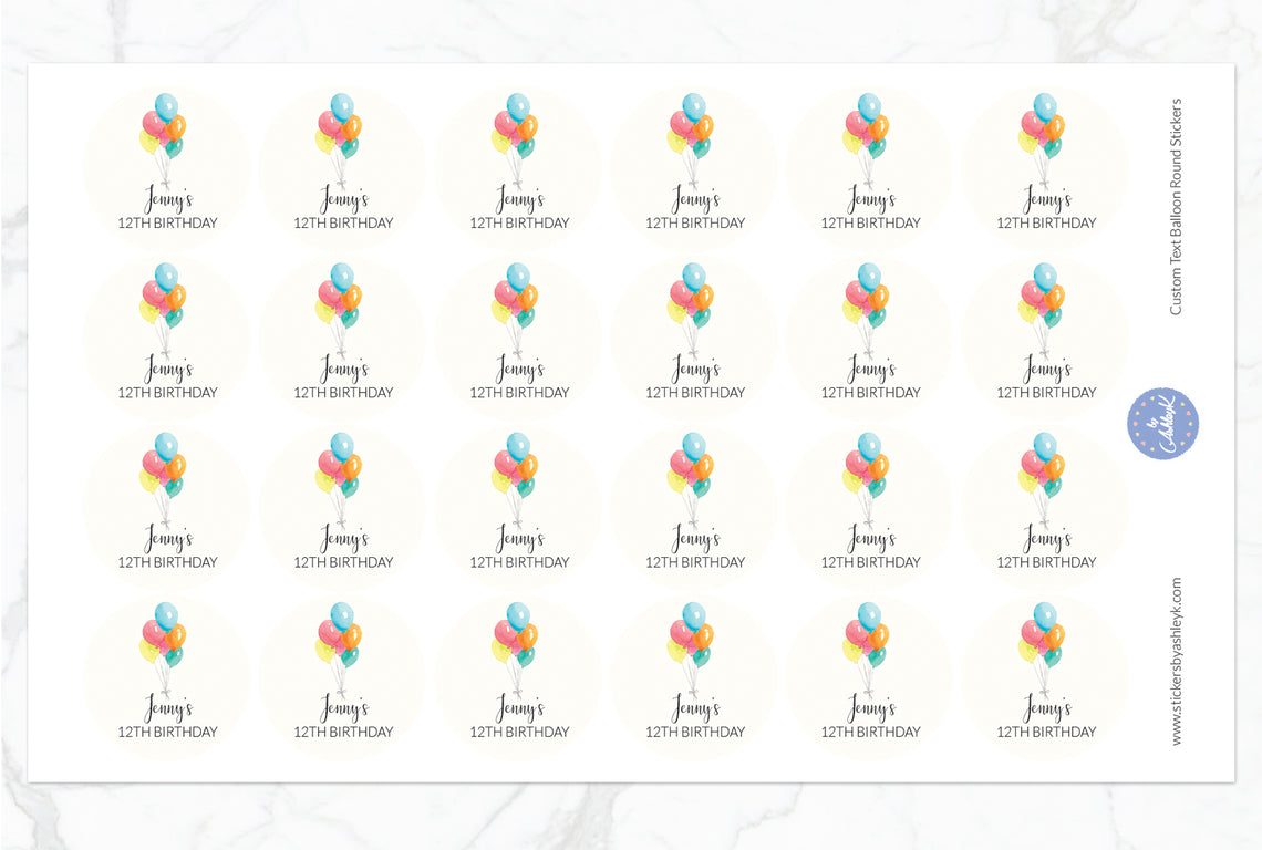 Custom Text Balloon Birthday Packaging Round Stickers - 28 mm Diameter