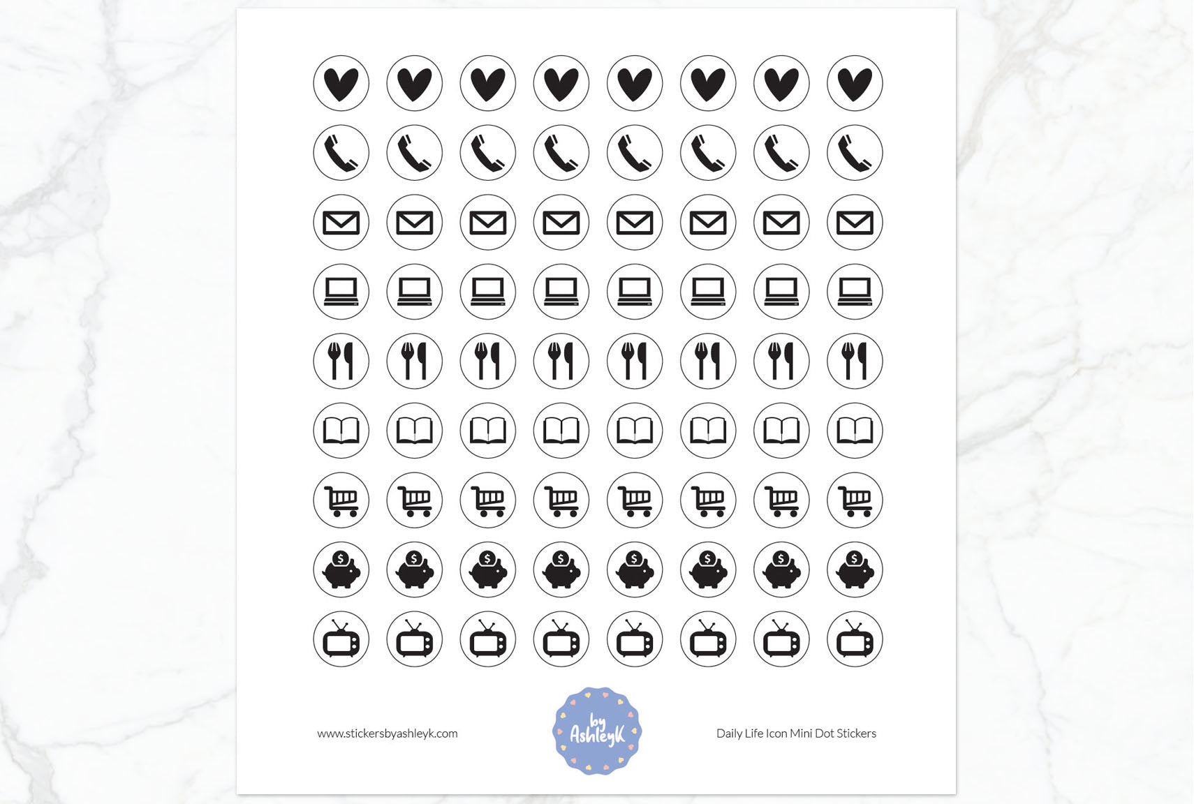 Daily Life Icon Mini Dot Planner Stickers - White