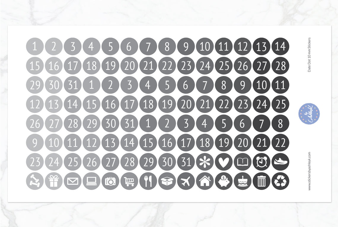 Date Dot 10 mm Stickers - Monochrome