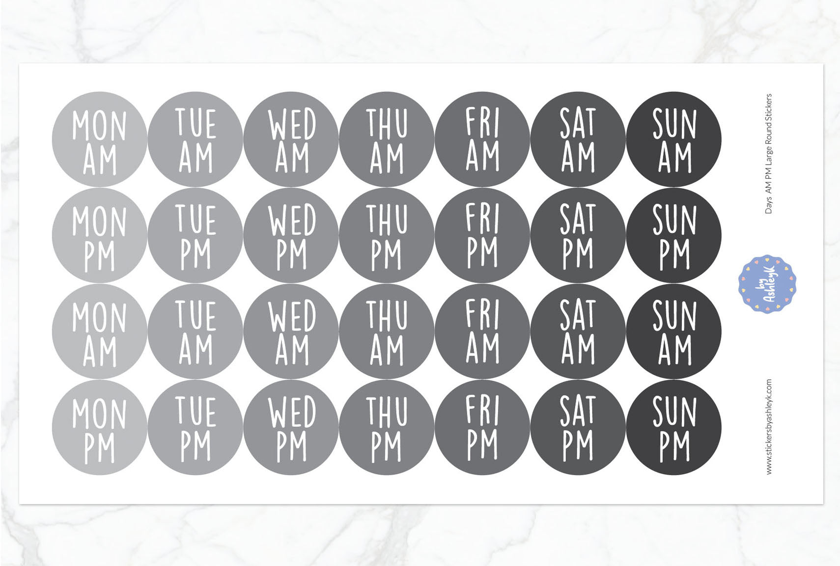 Days Am Pm Large Round Planner Stickers - Monochrome