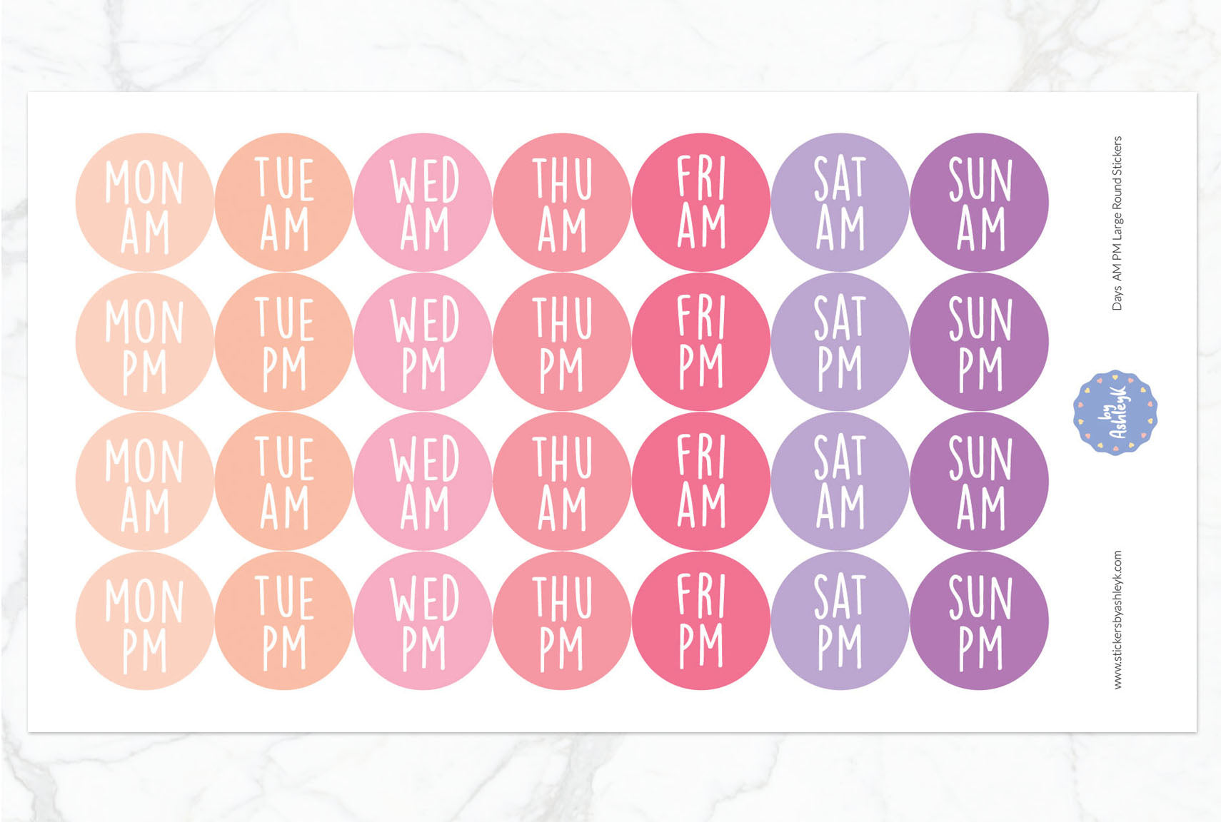 Days Am Pm Large Round Planner Stickers - Raspberry