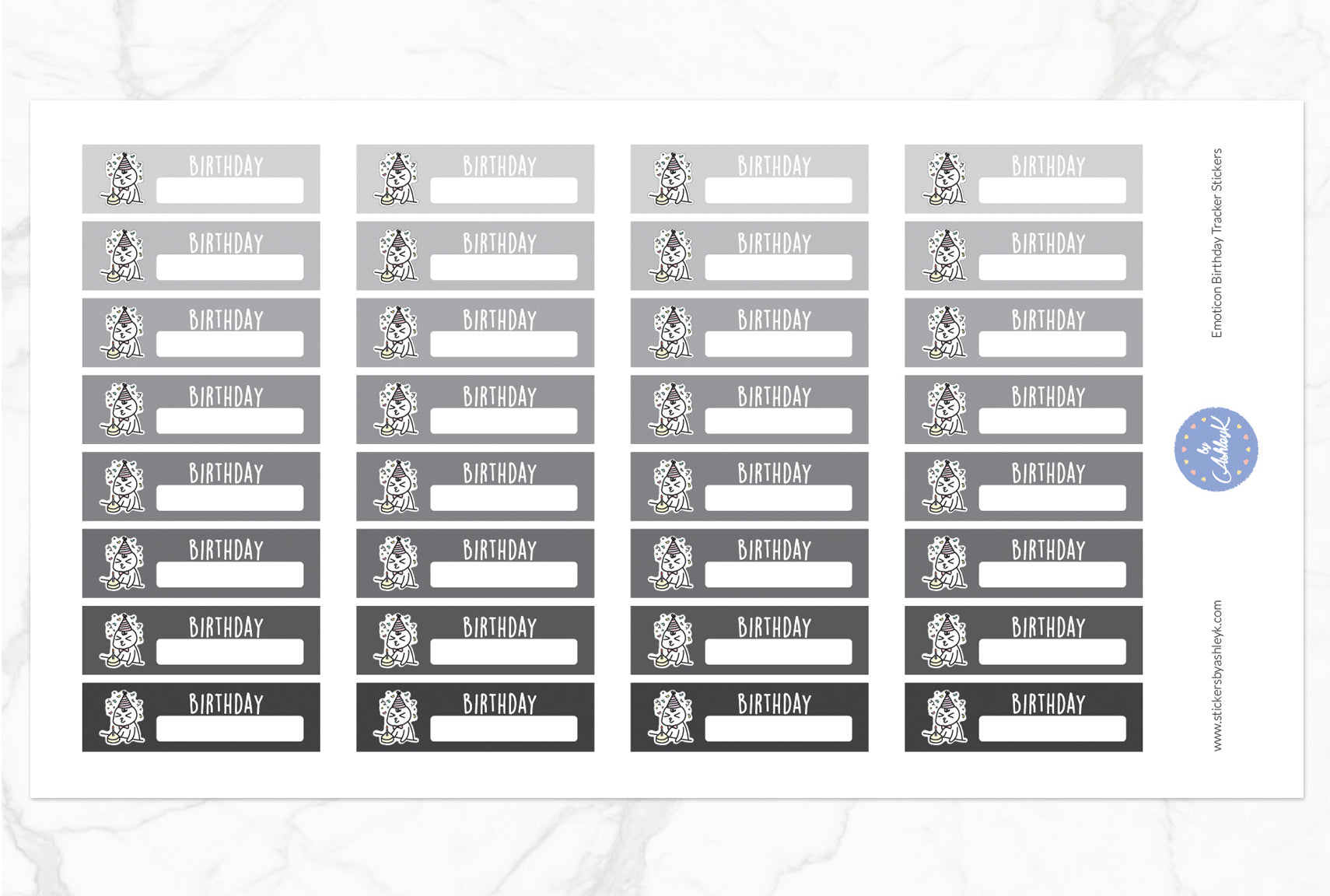 Emoticon Birthday Tracker Stickers - Monochrome
