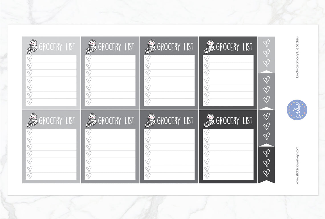 Emoticon Grocery List Stickers - Monochrome