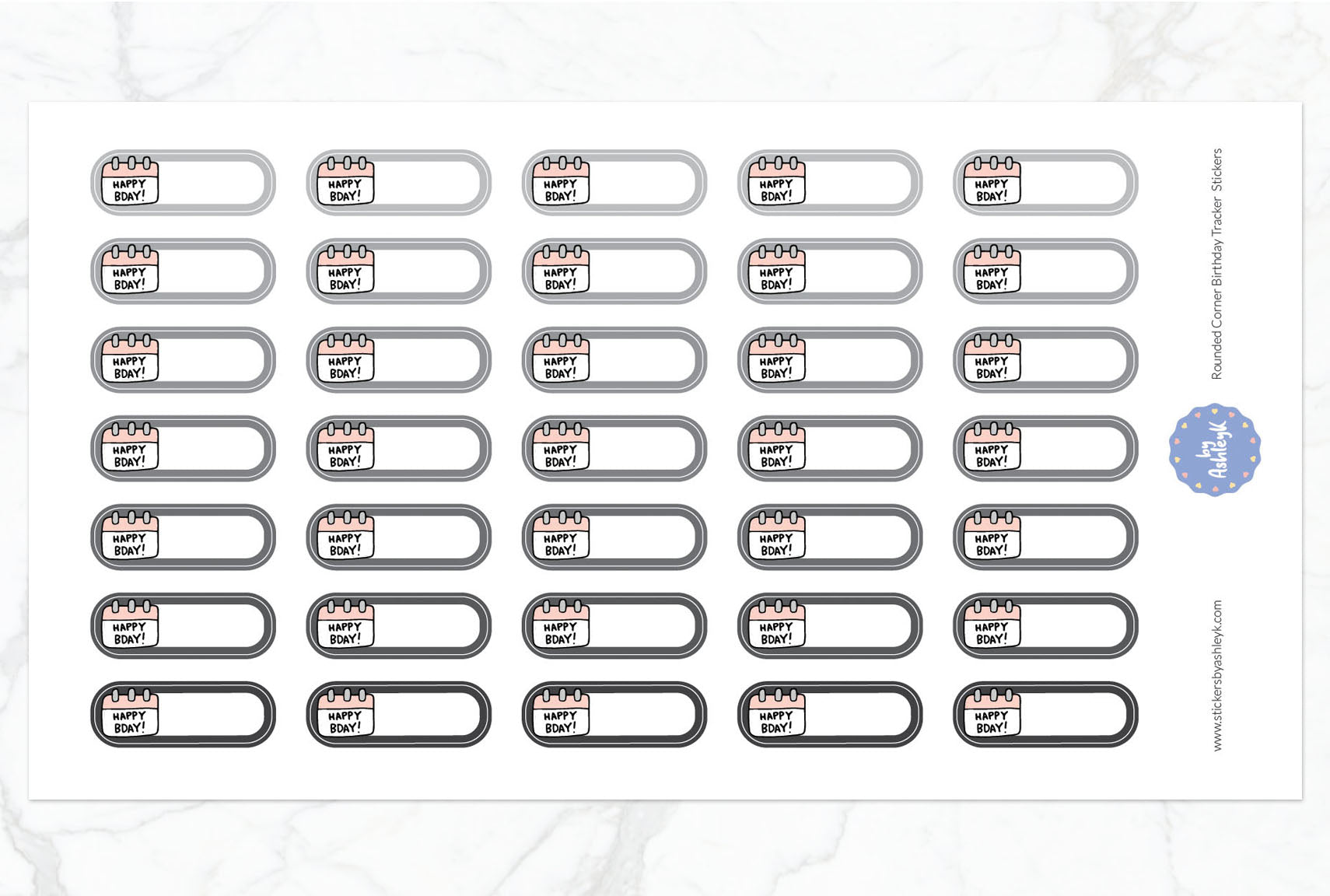 Rounded Corner Birthday Tracker Planner Stickers - Monochrome