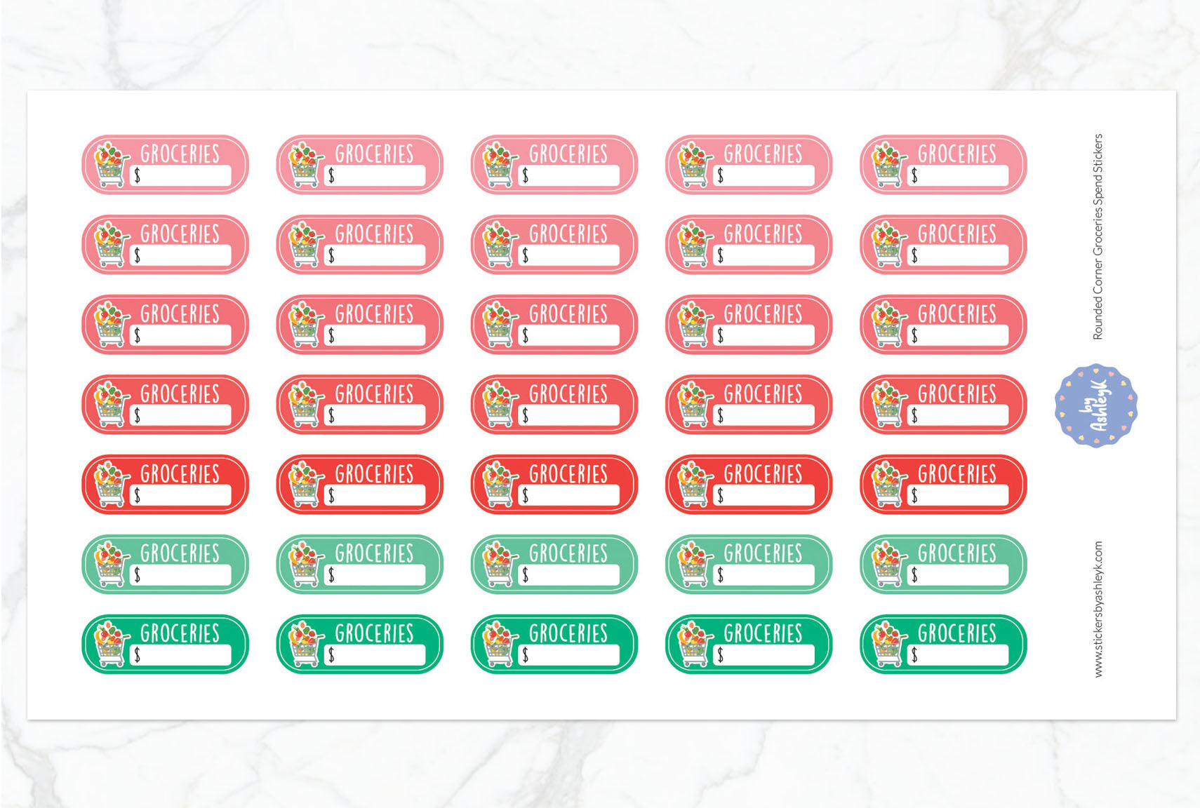 Rounded Corner Grocery Spend Planner Stickers - Watermelon