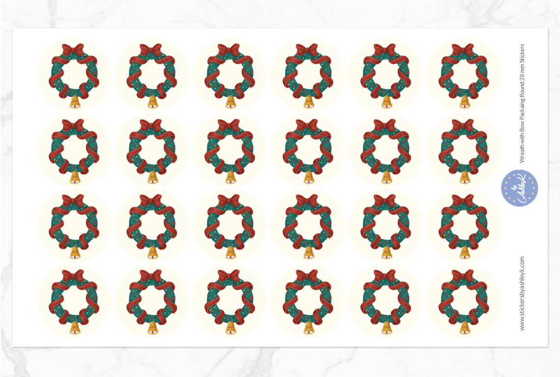 Wreath with Bow Packaging Round Stickers - 28 mm Diameter