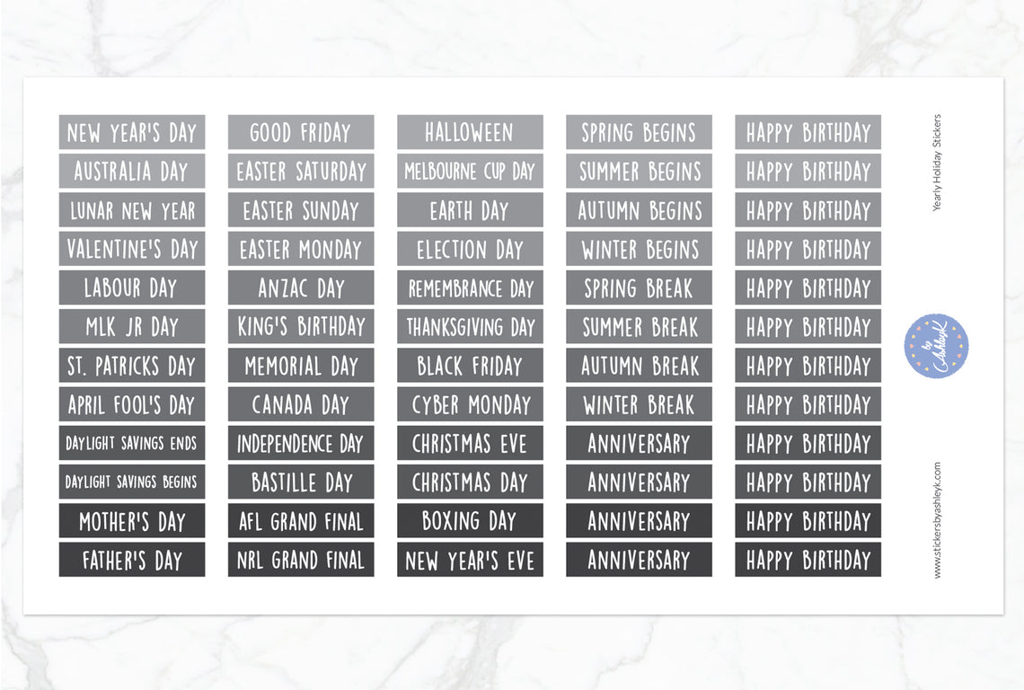 Yearly Holidays Stickers - Monochrome