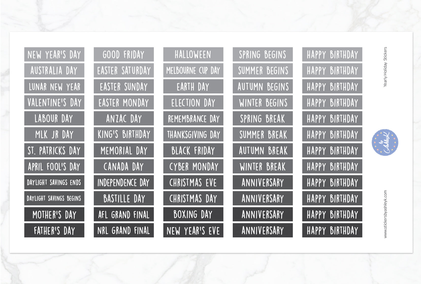 Yearly Holidays Stickers - Monochrome