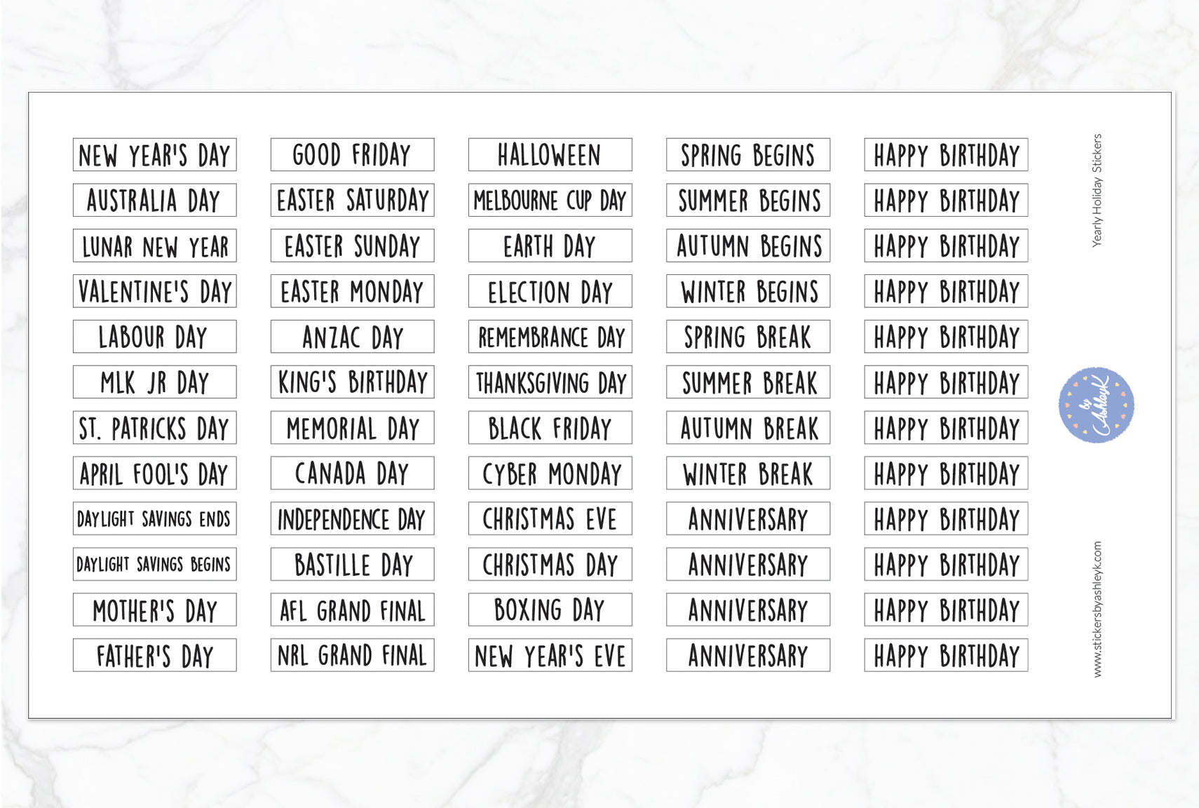 Yearly Holidays Stickers - White
