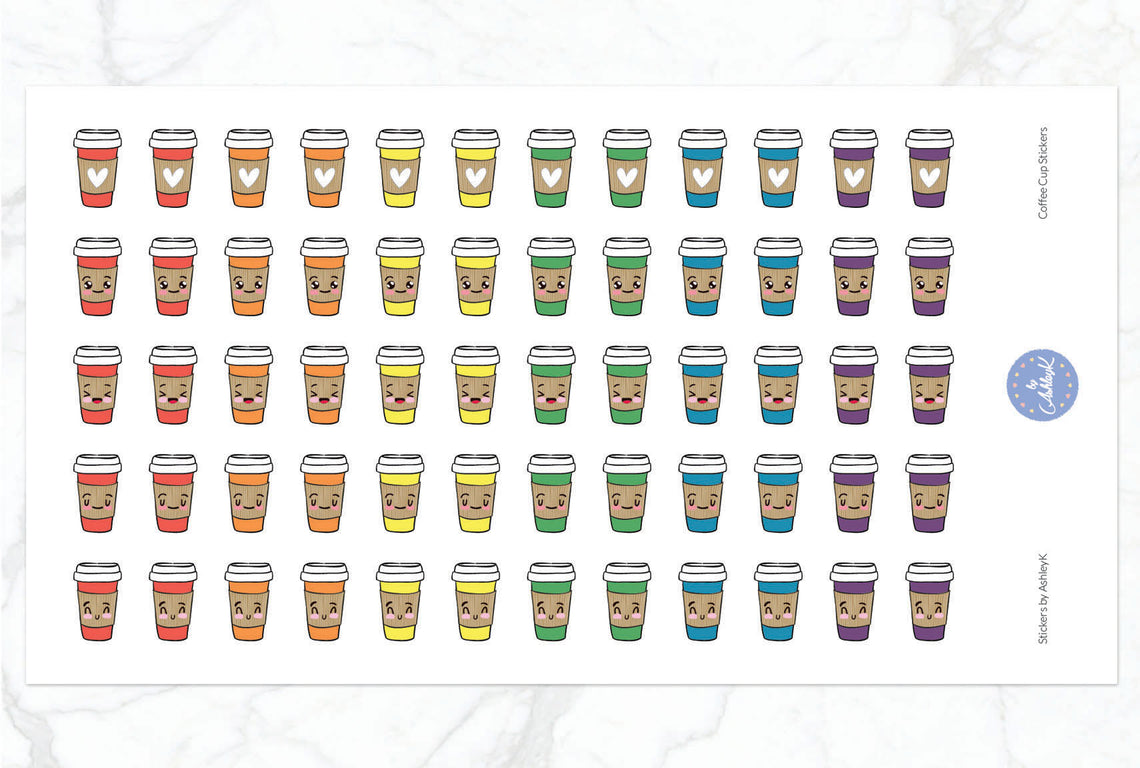 Cute Coffee Cup Stickers - Pastel Rainbow