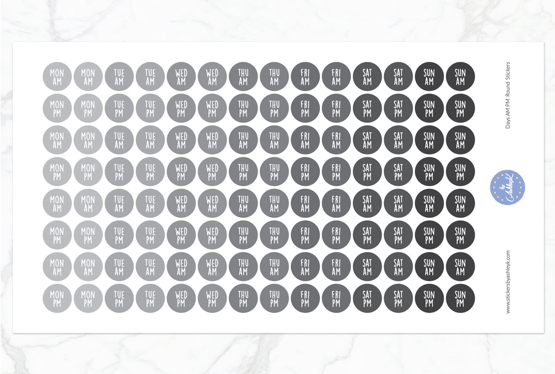 Days Am Pm Round Stickers - Monochrome