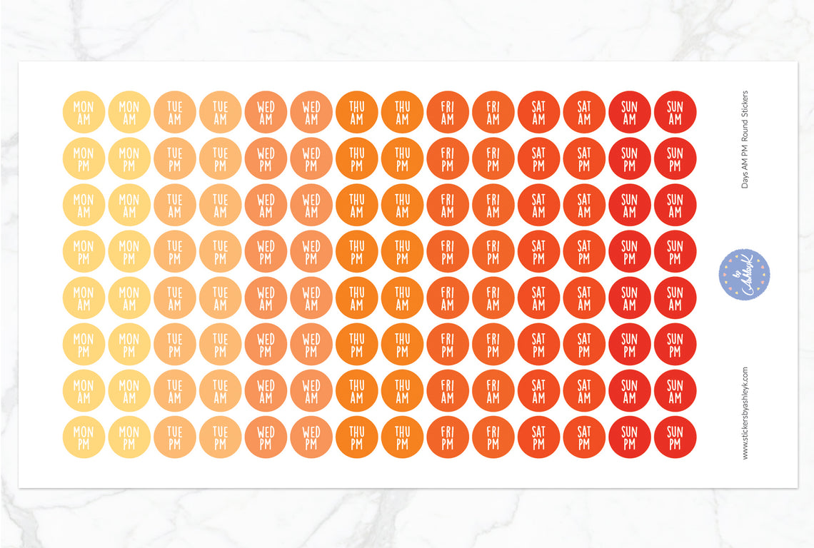 Days Am Pm Round Stickers - Orange