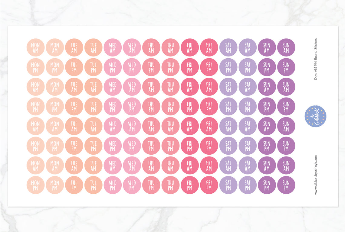 Days Am Pm Round Stickers - Raspberry