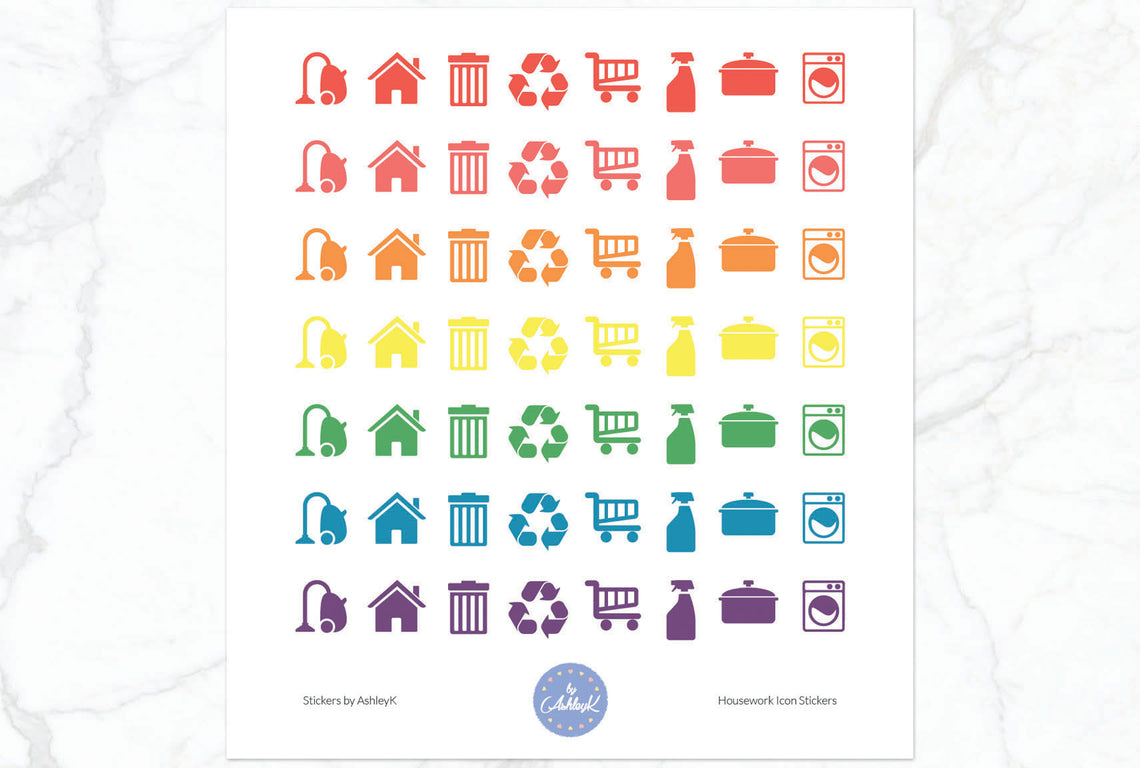 Housework Icon Stickers - Pastel Rainbow