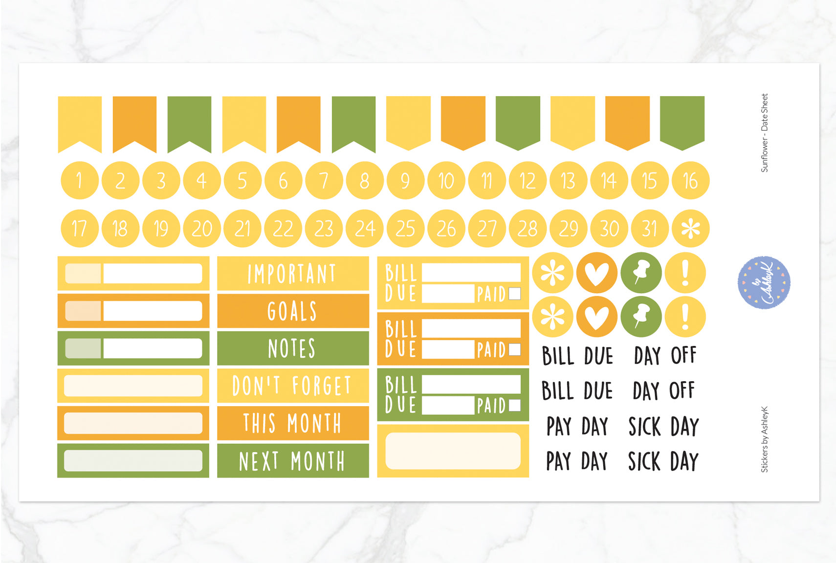 Sunflower Monthly Kit  - Date Sheet
