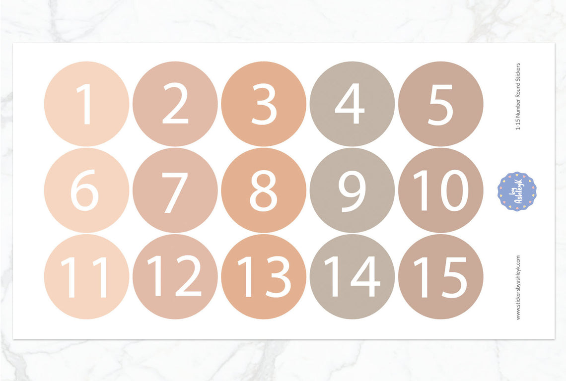 1—15 Numbers Round Stickers - Beige Neutral