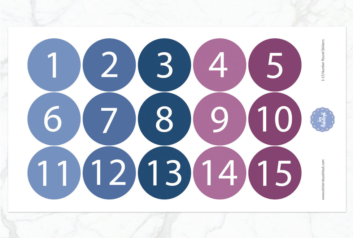 1—15 Numbers Round Stickers - Blueberry