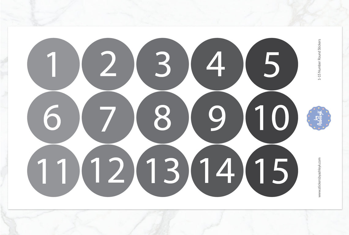 1—15 Numbers Round Stickers - Monochrome