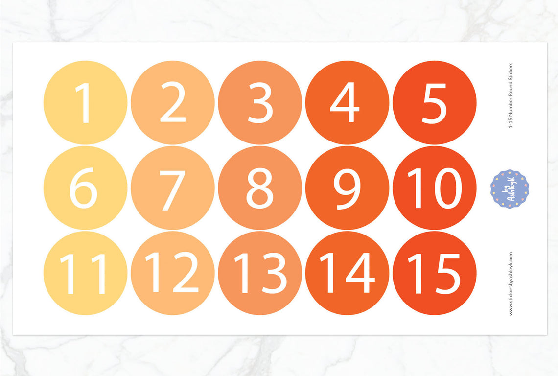 1—15 Numbers Round Stickers - Orange