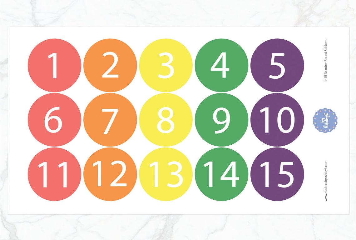 1—15 Numbers Round Stickers - Pastel Rainbow