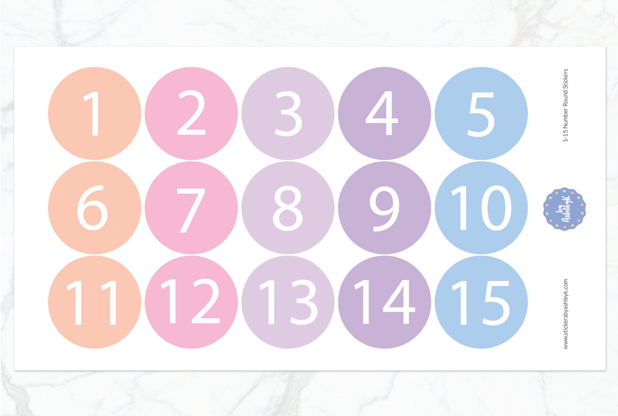 1—15 Numbers Round Stickers - Pastel Sunset