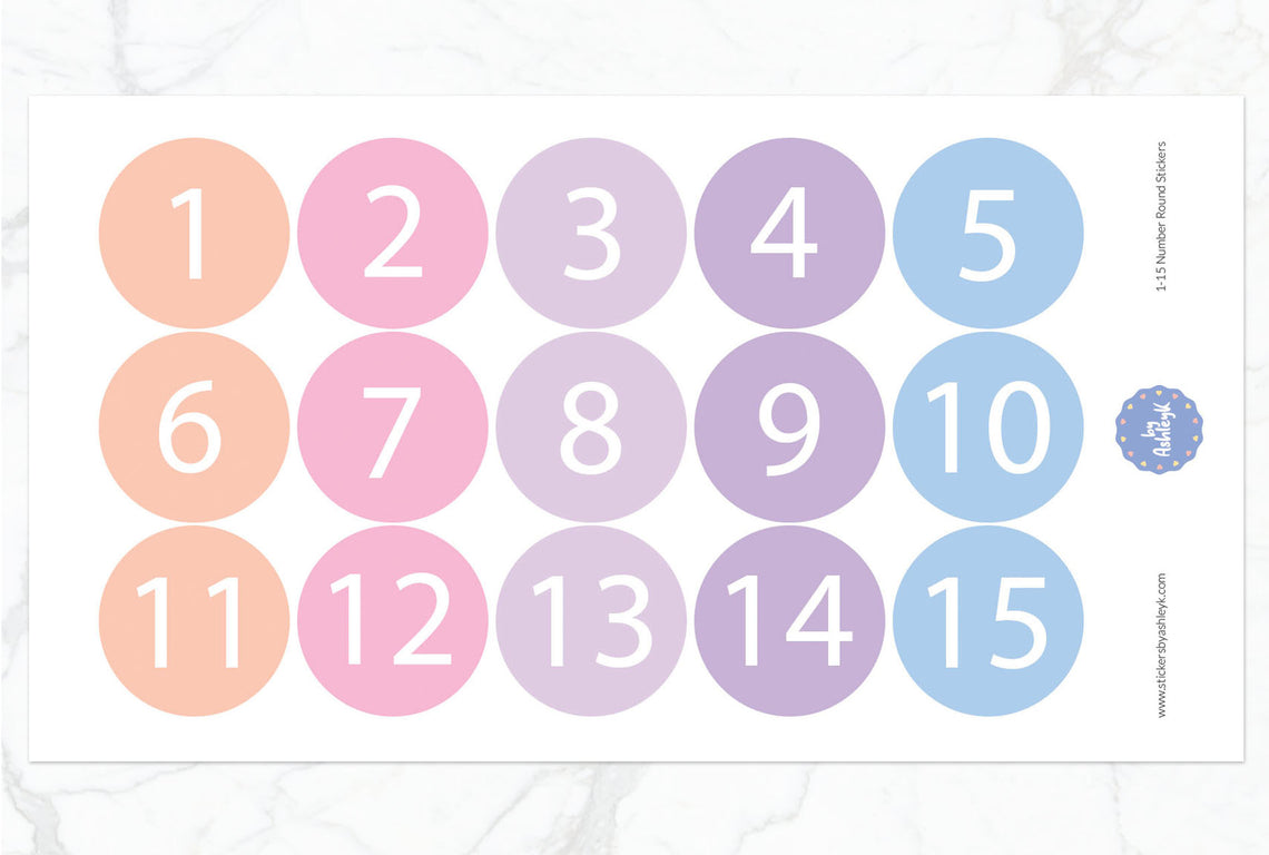 1—15 Numbers Round Stickers - Pastel Sunset