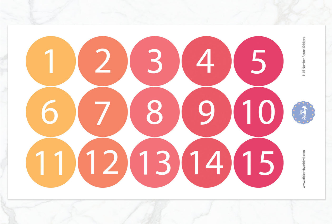 1—15 Numbers Round Stickers - Peach