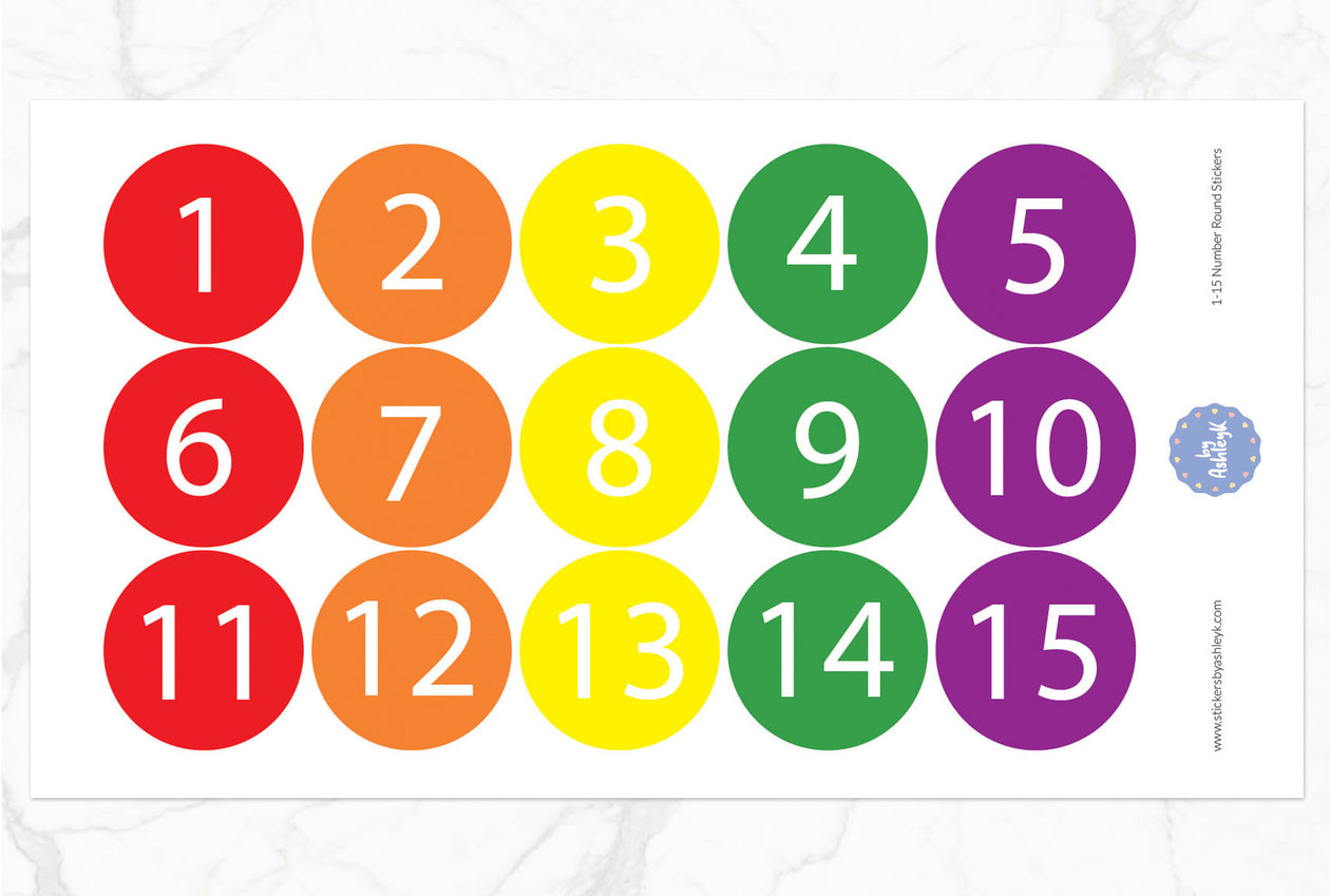 1—15 Numbers Round Stickers - Rainbow