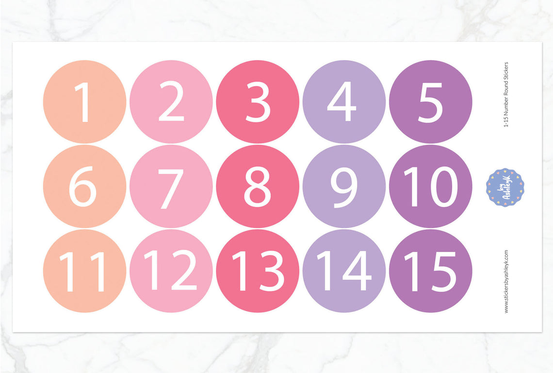 1—15 Numbers Round Stickers - Raspberry