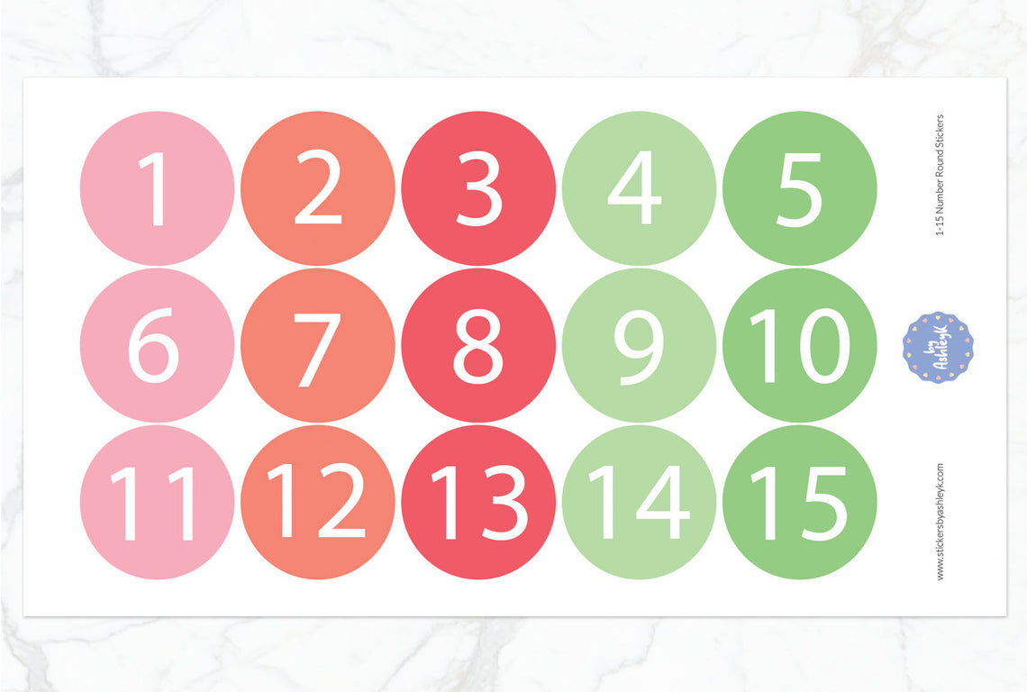 1—15 Numbers Round Stickers - Strawberry