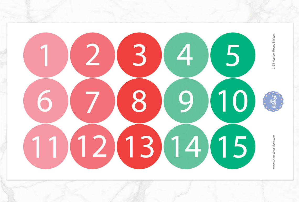 1—15 Numbers Round Stickers - Watermelon