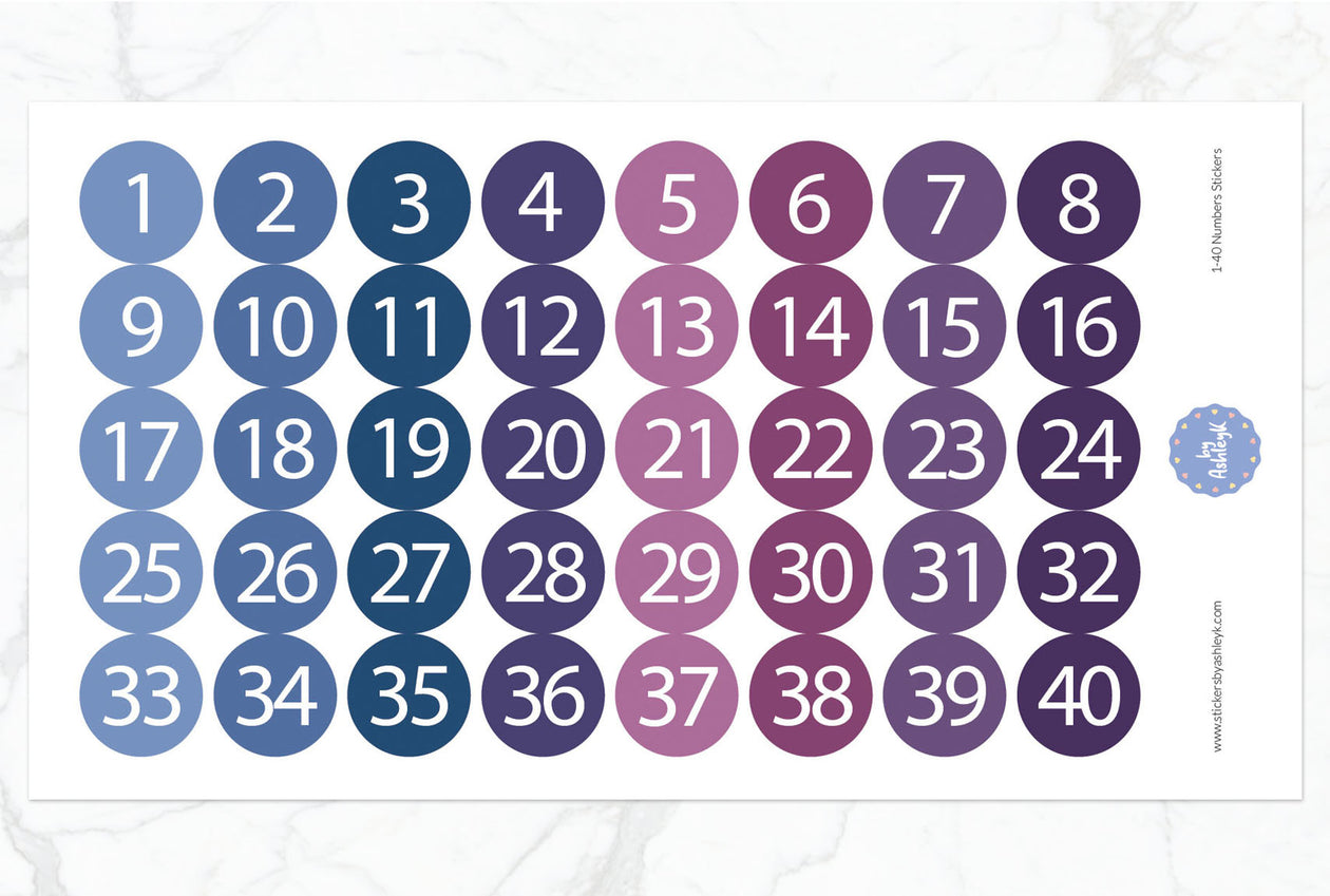 1~40 Numbers Round Stickers - Blueberry