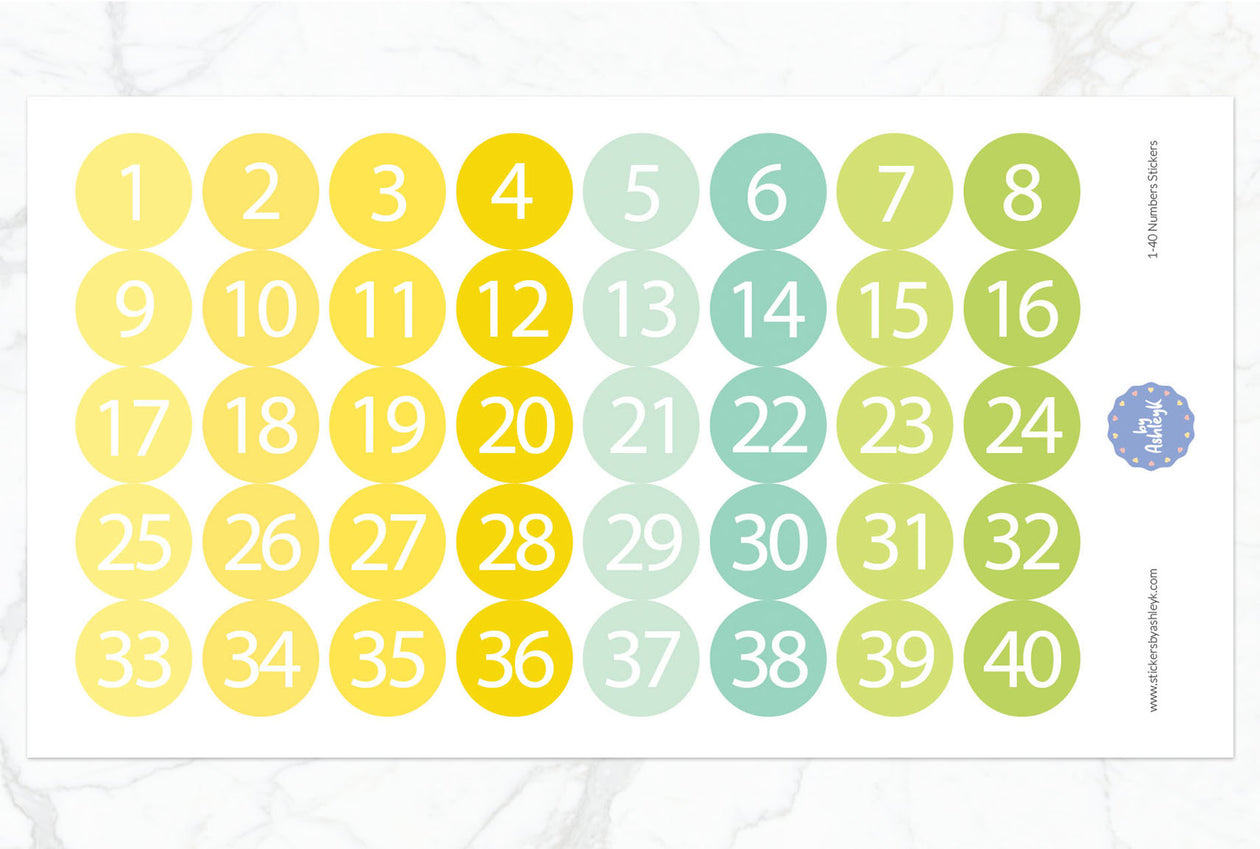 1~40 Numbers Round Stickers - Lemon&Lime