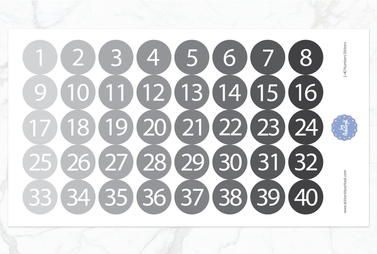 1~40 Numbers Round Stickers - Monochrome