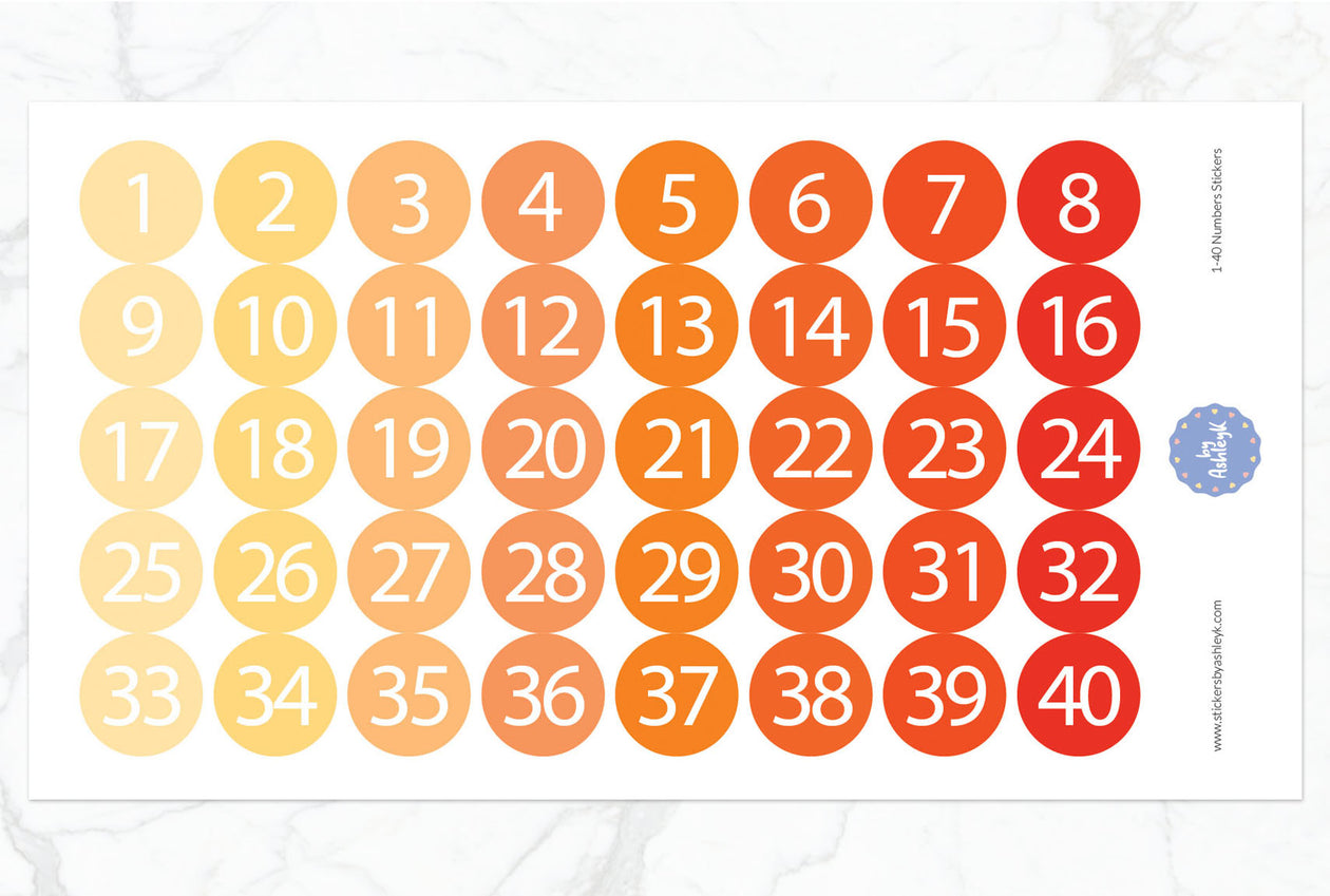 1~40 Numbers Round Stickers - Orange