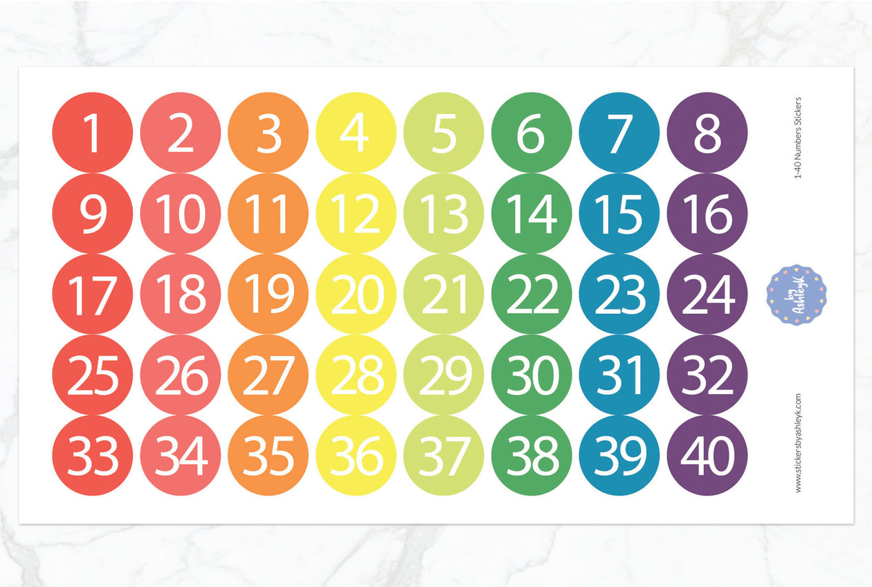 1~40 Numbers Round Stickers - Pastel Rainbow