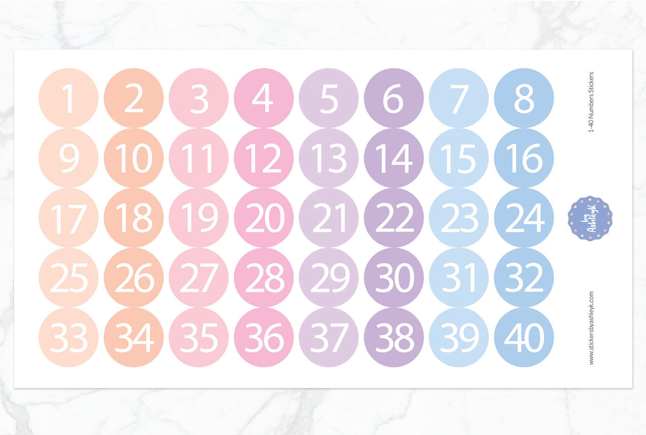 1~40 Numbers Round Stickers - Pastel Sunset