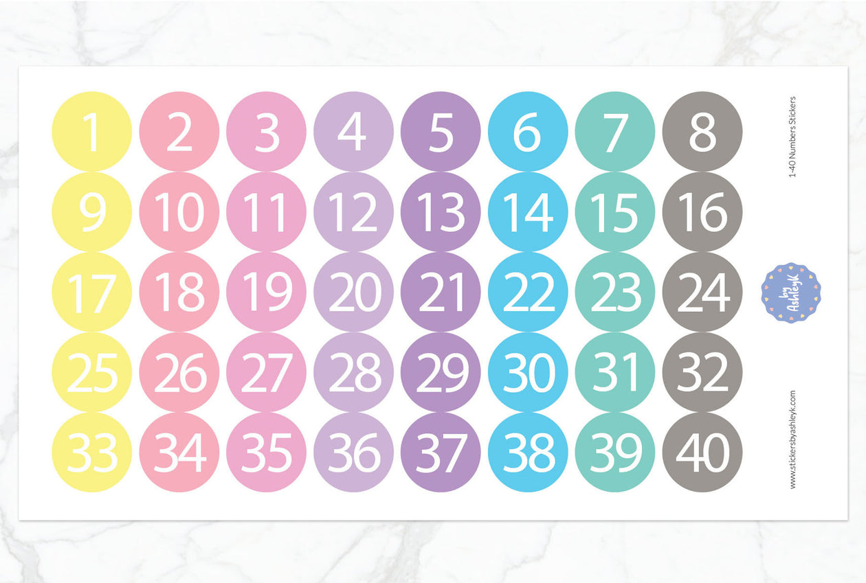 1~40 Numbers Round Stickers - Pastel