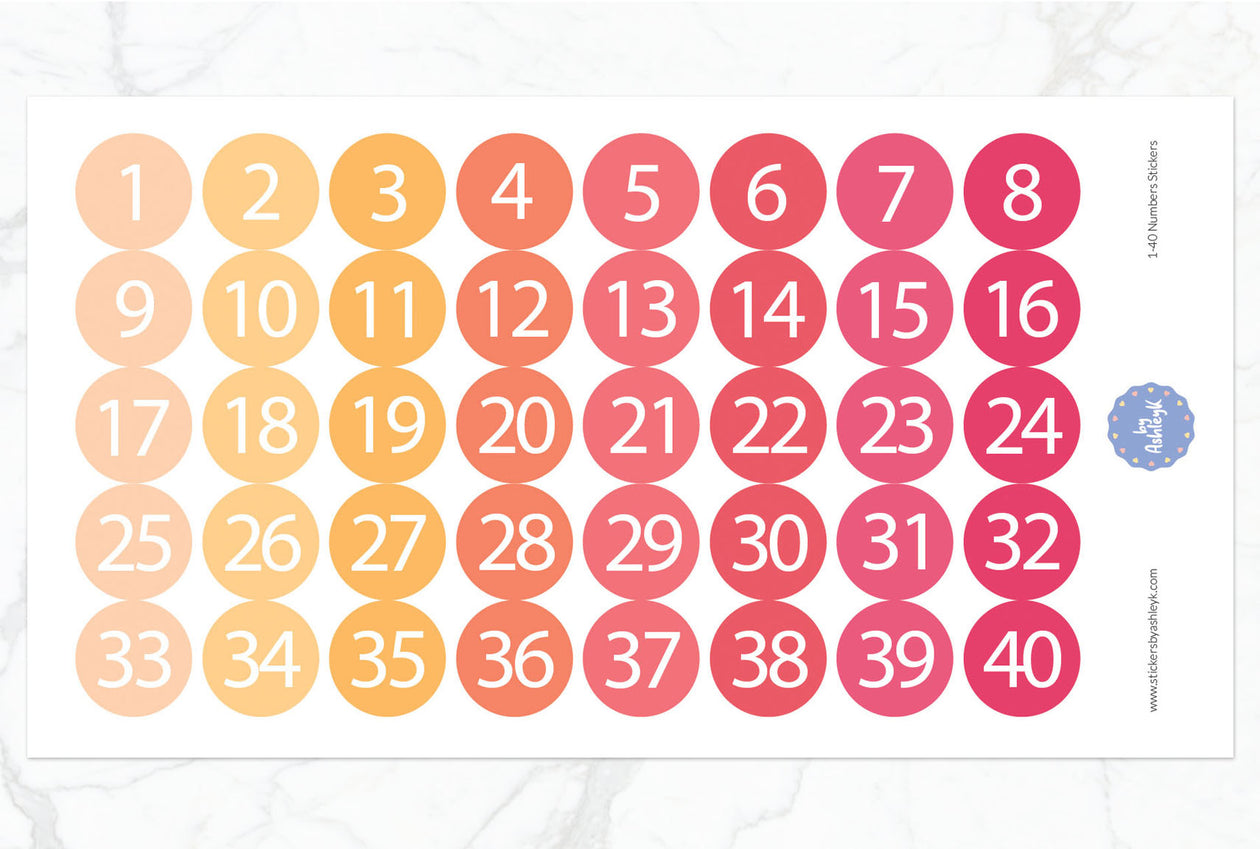 1~40 Numbers Round Stickers - Peach