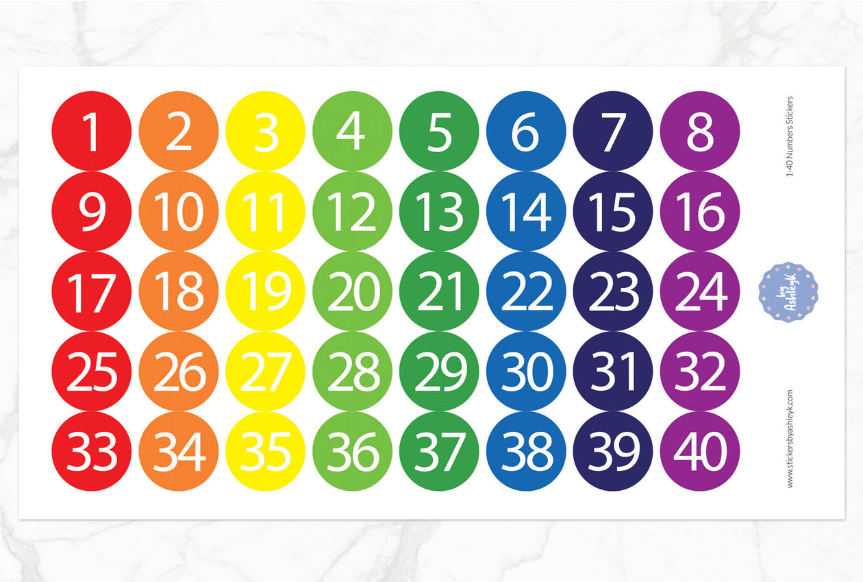 1~40 Numbers Round Stickers - Rainbow