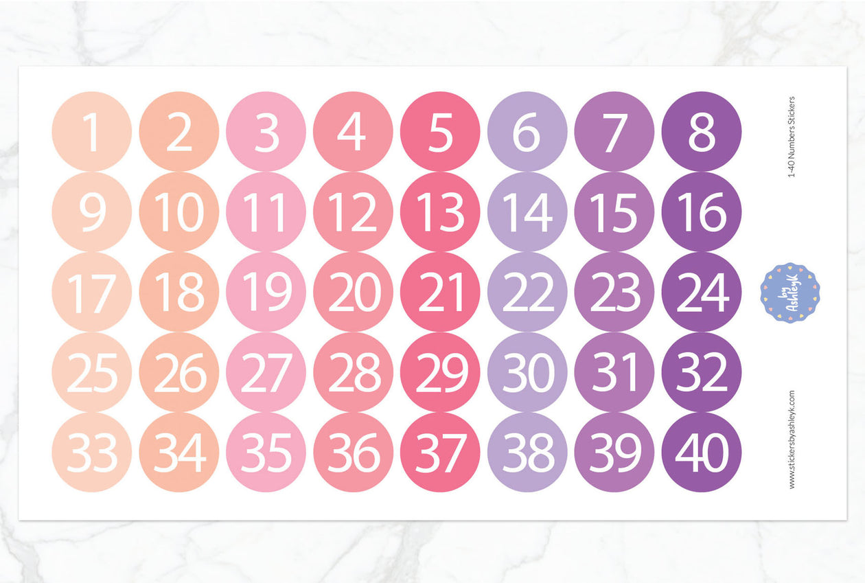1~40 Numbers Round Stickers - Raspberry